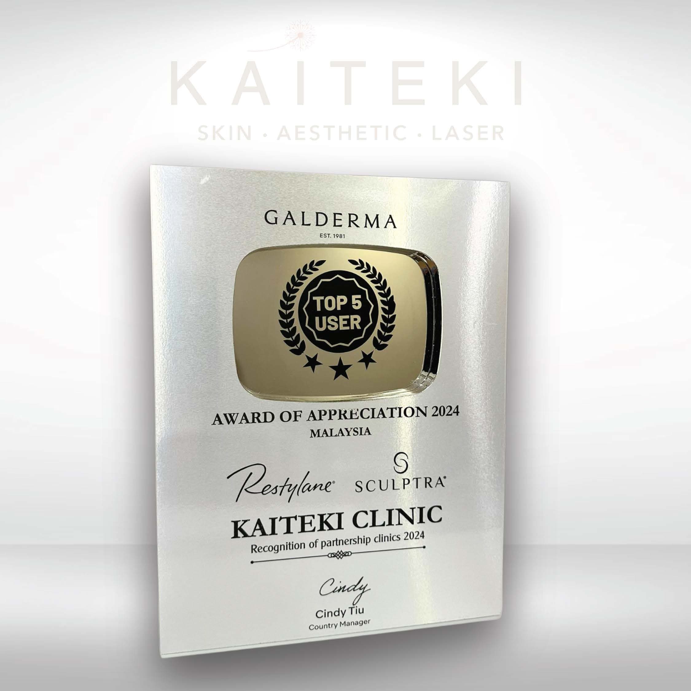 Galderma Restylane Top 5 provider award presented to Kaiteki, 2024.