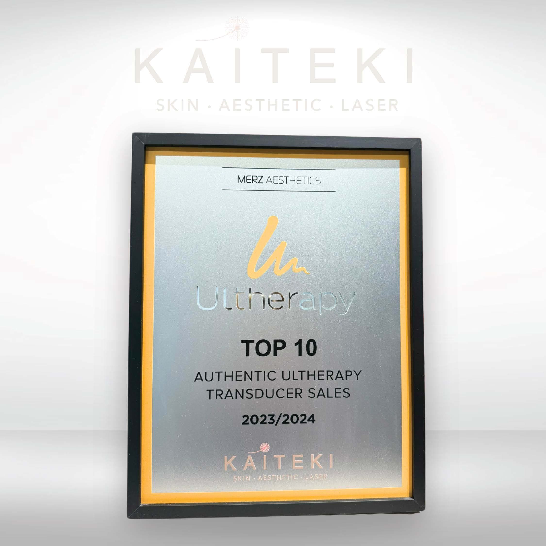 Merz Aesthetics plaque naming Kaiteki a Top 10 clinic for authentic Ultherapy transducer sales, 2023/2024.